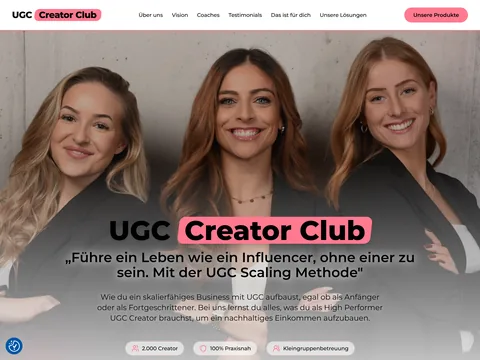 Website für UGC Creator Club: heller Hero mit Team-Fotografie und klarer Positionierung